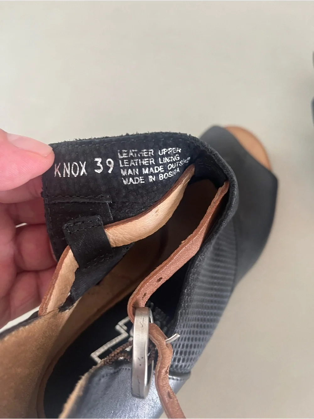 Miz Mooz Black Peep-Toe Wedge Sandals with Tan Accents